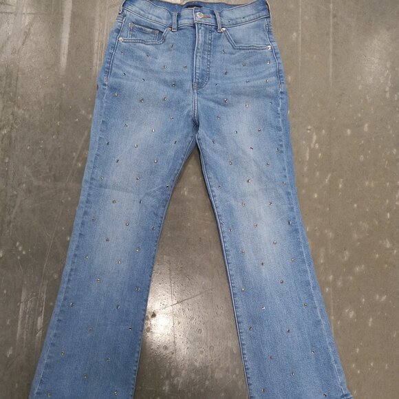 Express High Waisted Embellished Dot Cropped Flare Jeans Womens 2 Light Blue - Picture 2 of 9